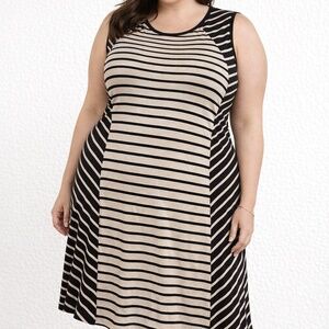Calvin Klein 3X Dress Black/Tan Contrast Stripe Soft Chic Comfy Casual Curvy